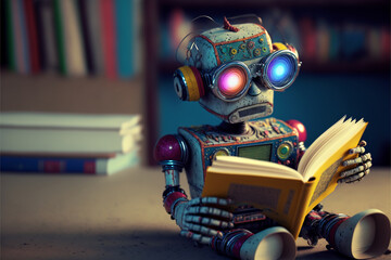 sitzender Roboter liest ein Buch